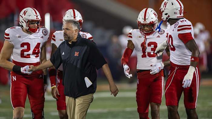Nebraska football coach Matt Rhule and players during a 20-7 win at Illinois (Oct. 7, 2023)